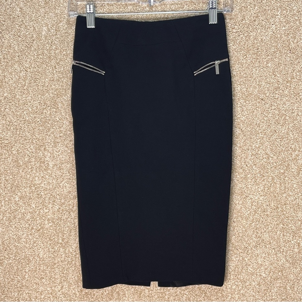 Imperfect Karen‎ Millen Black Knee-Length Pencil Skirt zipper pockets back slit